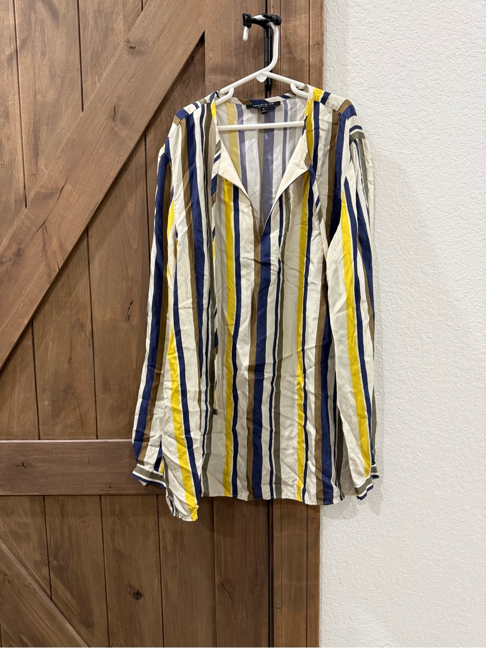 Lafayette 148 New York Cream Navy Yellow Stripe V-Neck Tunic